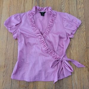 Sunny Taylor 4P Wrap Blouse Pink Ruffle Neck 90s Retro Barbiecore Coquette